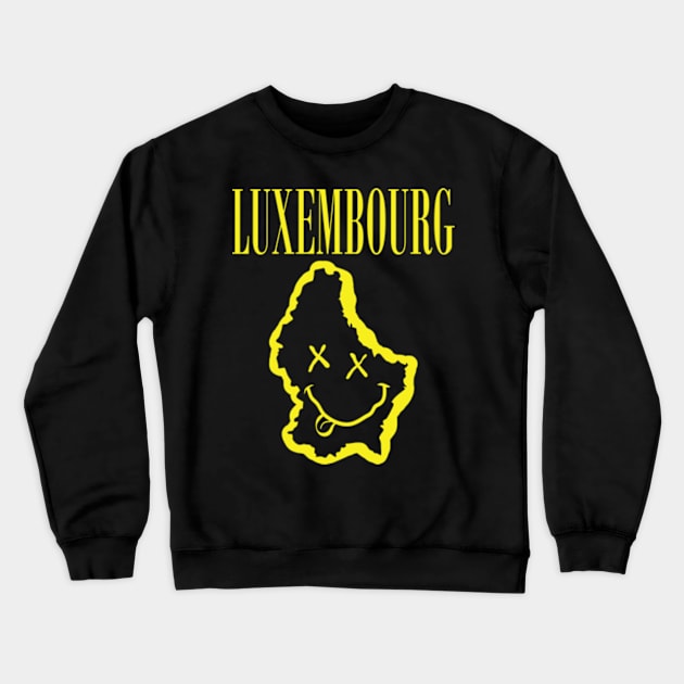 Vibrant Luxembourg: Unleash Your 90s Grunge Spirit! Smiling Squiggly Mouth Dazed Smiley Face Crewneck Sweatshirt by pelagio